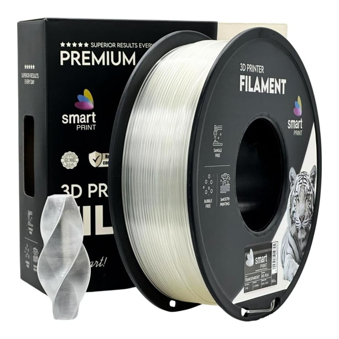 SMART PRINT HS-PLA FILLAMENT 1KG TRANSPARENT, Diametru 1.75mm, Greutate: 1kg, Temperatura duza: 180C – 240C, Temperatura platforma: 50C – 60C,