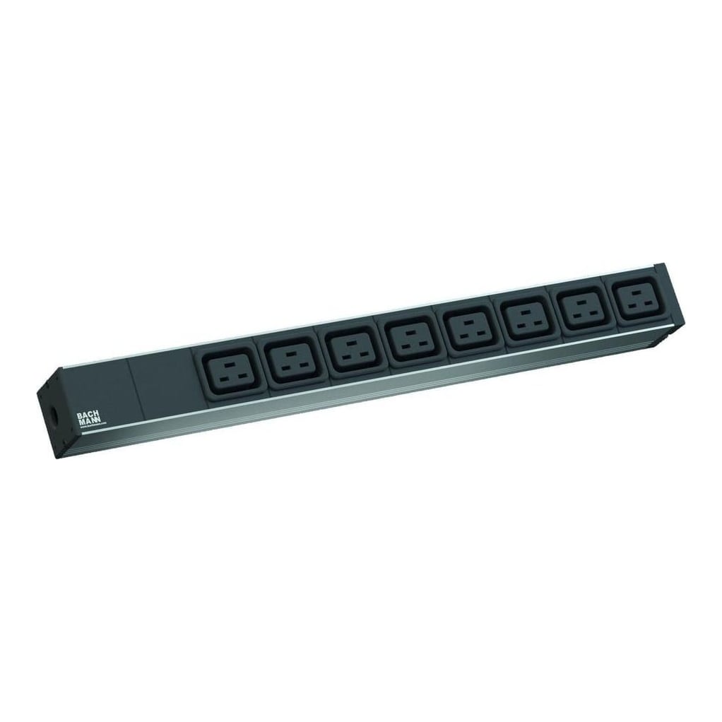 Bachmann prelungitor 19" 1HE 8xC19 cordon 2,0 m C20 ,0m C20; IT PDU Basic 1U (230V/ 50Hz); Plug: C20; 8x C19 socket outlets, black; Inside wiring with euro terminal; Power supply: 2,0m H05VV-F 3G 1,50 mm²; Rated voltage: 230V; Incl. 2x mounting metal flanges; End caps screwed, rewireable; Profile