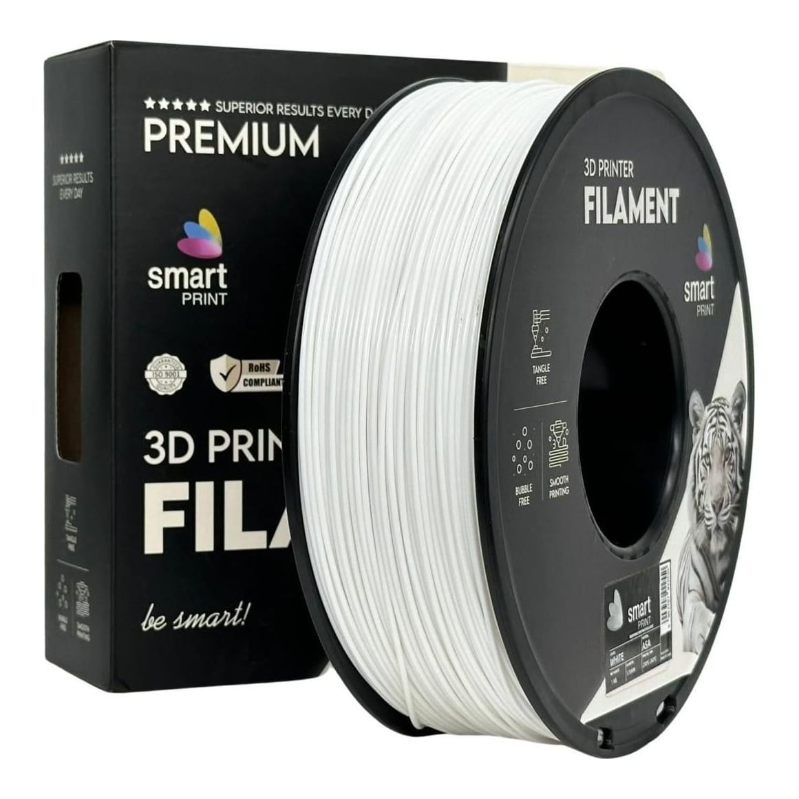 SMART PRINT FILLAMENT 1KG ASA WHITE, Rezistenta UV, Finisaj mat, Diametru: 1.75mm, Greutate: 1KG, Temperatura duza: 220C – 250C, Temperatura platforma printare: 95C – 110C.