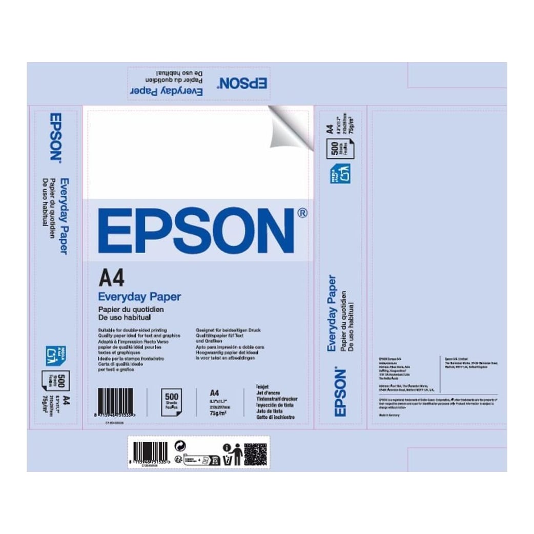 Hartie Epson A4 de uz zilnic, alba, 210 mm x 297 mm, pachet 500 coli, 75 gsm.