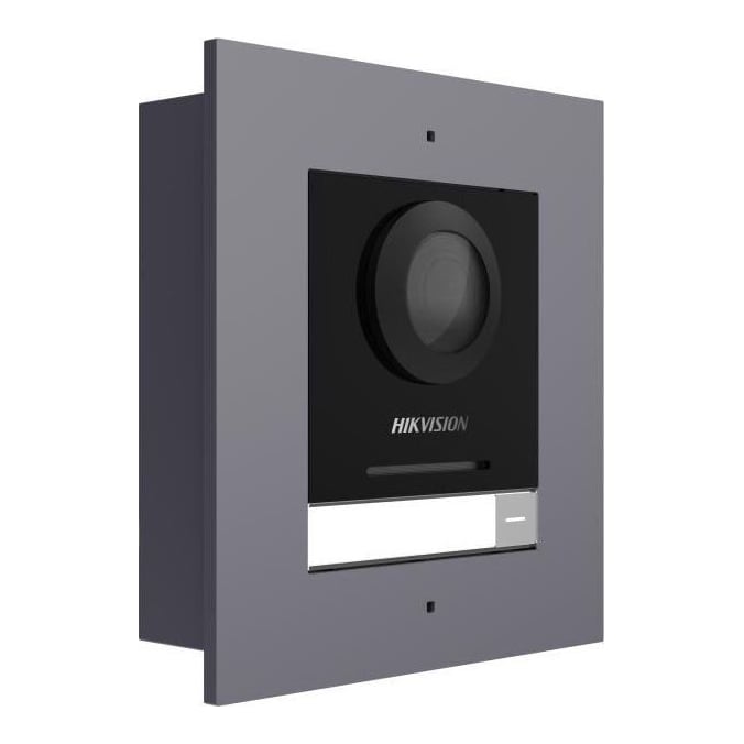 Post exterior modular videointerfon IP Hikvision DS-KD8003-IME1(B)/FL, montaj ingropat, 1 buton, 2000 de utilizatori, autentificare prin card, IP65, alimentare: 12 VDC, 500 mA, IEEE 802.3af, PoE, dimensiuni: 99.76 mm × 98 mm × 42.04 mm, greutate: 0.375kg, temperatura de functionare: -40 °C to 60 °C.