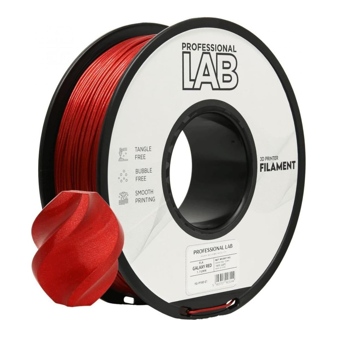 PROFESSIONAL LAB PROF. LAB 3D FILAMENT 1KG PLA GALAXY RED, Diametru: 1.75mm, Greutate: 1kg, Temperatura duza: 185C – 215C, Temperatura platforma: 25C – 60C.