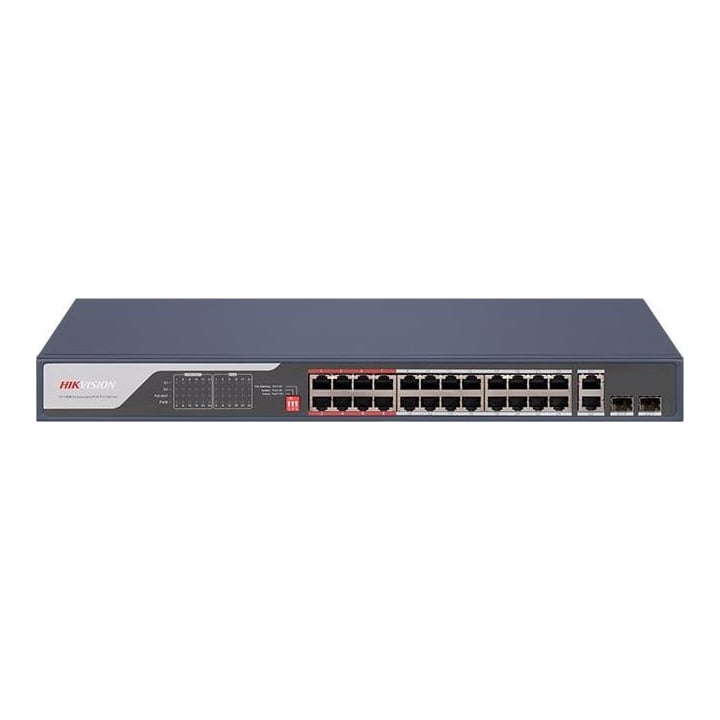 Switch PoE Hikvision DS-3E0326P-E(C): 24 x 10/100Mbps PoE port,2 × Gigabit combo, buget PoE 370 W, tensiune alimentare 100 to 240 V AC, 50/60 Hz, Max. 6.5 A, dimensiuni: 440.00 mm × 44.00 mm × 220.80 mm, greutate: 3.54kg, montare in rack.