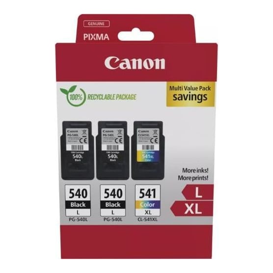 Canon pachet cartuse cearneala PG-540L X2 /CL-541XL MULTIPACK, capacitate negru: 2 X 300 pagini/11ml, Color: 400 pagini / 15ml, Compatibil cu: PIXMA GM2050, PIXMA MG2140, PIXMA MG2150, PIXMA MG2155, PIXMA MG2250, PIXMA MG3140, PIXMA MG3150, PIXMA MG3250, PIXMA MG3550, PIXMA MG3650, PIXMA MG3650S