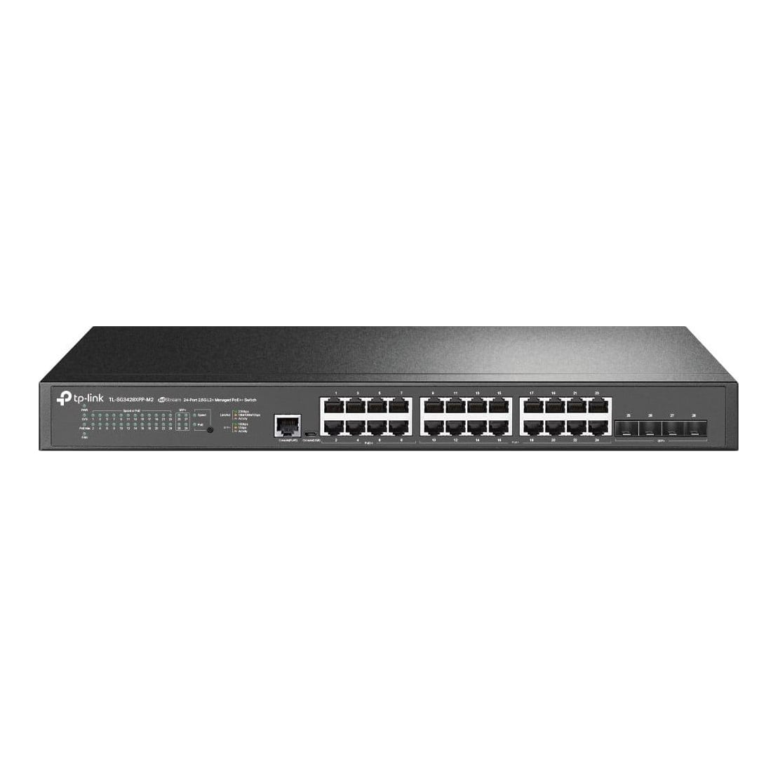 TP-Link "JetStream™ 24-Port 2.5GBASE-T and 4-Port 10GE SFP+ L2+ Managed Switch with 16-Port PoE+ & 8-Port PoE++ PORT: 24× 2.5G RJ45 Ports (8× 2.5G PoE++ Ports & 16× 2.5G PoE+ Ports), 4× 10G SFP+ Slots, RJ45/Micro-USB Console Port SPEC: 802.3bt/at/af, 500 W PoE Power, 1U 19-inch Rack-mountable Steel Case