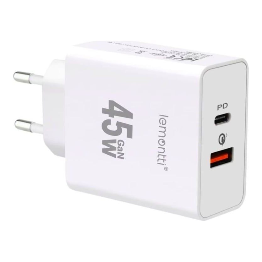 LEMONTTI Lemontti Încărcător Rețea GaN Fast Charge 45W 1x USB-C 1x USB-A Alb