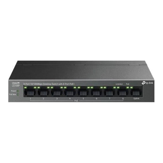 TP-Link "9-Port 10/100 Mbps Desktop Switch with 8-Port PoE+ PORT: 8× 10/100 Mbps PoE+ Ports, 1× 10/100 Mbps Non-PoE Port SPEC: 802.3at/af, 63 W PoE Power, Desktop Steel Case FEATURE: Extend Mode for 250m PoE Transmitting, Isolation Mode, PoE Auto Recovery, Plug and Play"