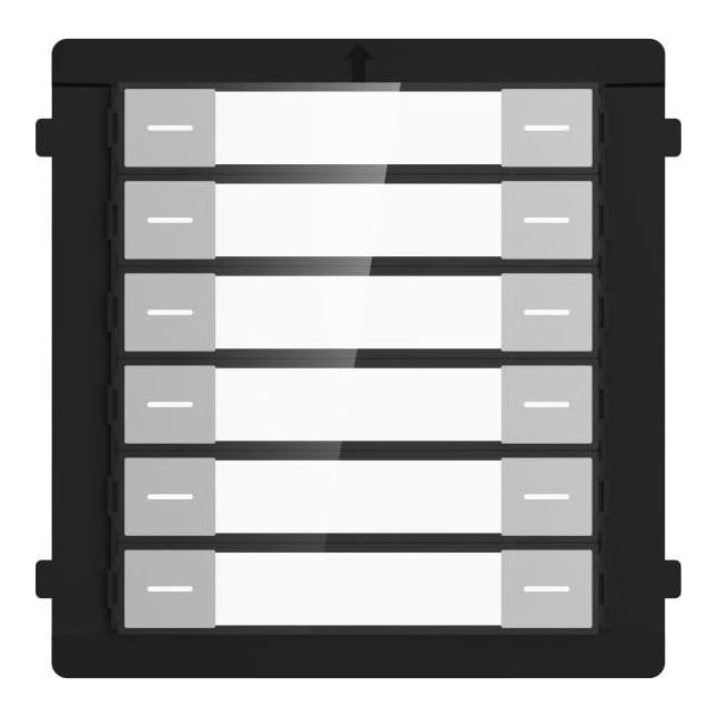 Modul de extensie videinterfon cu 12 butoane de apelare Hikvision DS-KD- K12; montaj aplicat sau ingropat (acesoriile de montaj nu sunt incluse), customizare afisare nume; iluminare pe timp de noapte; Conectare RS-485, Protectie: IP 65; Dimensiuni: 98.2 mm × 100.2 mm × 33.7 mm; Temperatura de