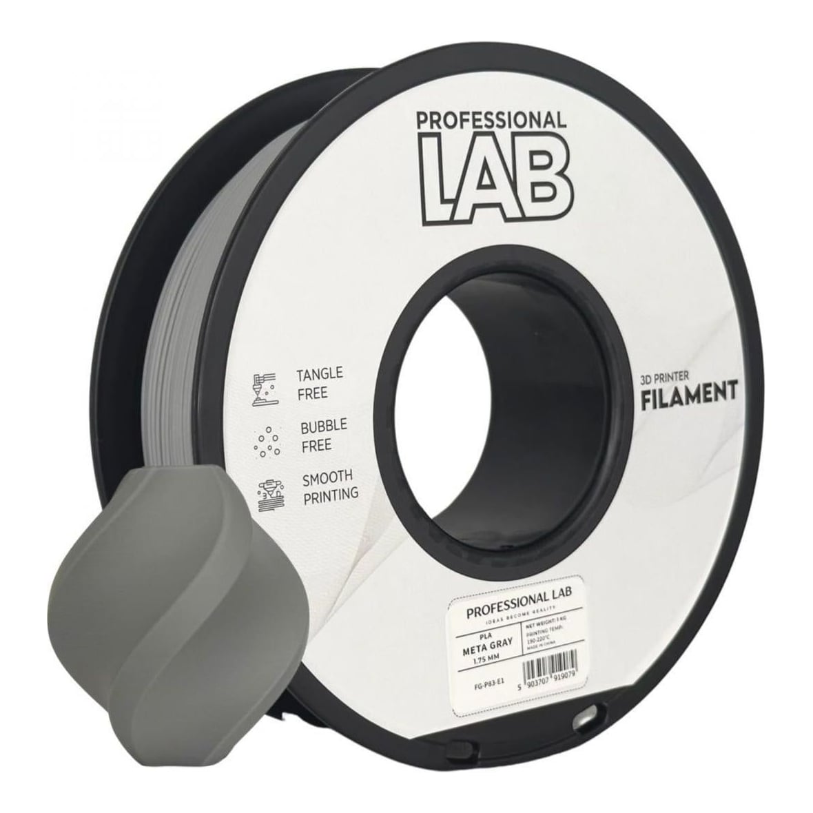 PROFESSIONAL LAB PROF. LAB 3D FILAMENT 1KG PLA META GRAY, Diametru: 1.75mm, Greutate: 1kg, Temperatura duza: 185C – 215C, Temperatura platforma printare: 25C – 60C, Culoare: Meta Gray.