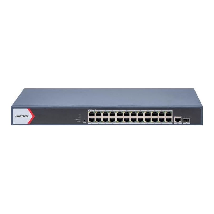 Switch PoE Hikvision SWITCH 24+2 GIGABIT POE: 24 × Gigabit PoE port,1 × Gigabit RJ45 port,1 × Gigabit fiber optical port, standard: IEEE 802.3af,IEEE 802.3at, buget PoE 370W, tensiune alimentara: 100~240 V AC, 50/60 Hz, Max. 6.3 A, dimensiuni: 440.0 mm × 220.8 mm × 44.0 mm, greutate: 3.1kg.