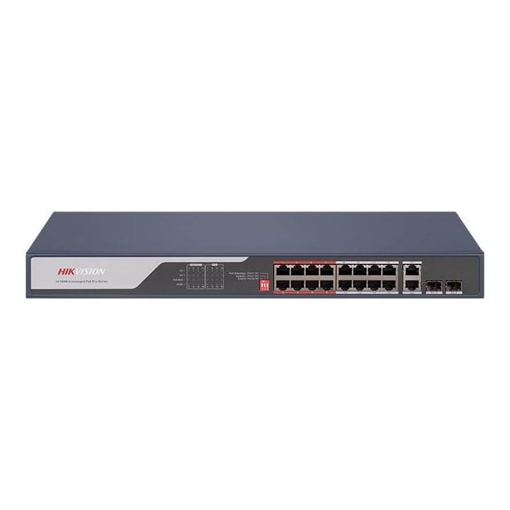 16 Port Fast Ethernet Unmanaged POE Switch Hikvision DS-3E0318P-E(C) Intelligent PoE management. Up to 300 m long range PoE transmission. Port isolation to improve network security. 6 KV surge protection to improve reliability in harsh environment. PoE watchdog to auto-detect and restart cameras