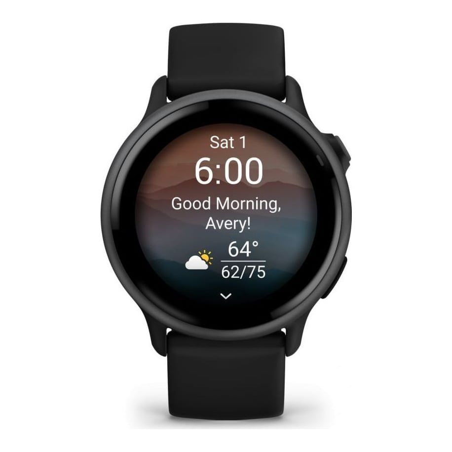 Ceas Garmin vívoactive 6 display AMOLED, dimensiune afisaj 30.4 mm, rezolutie afisaj 390 x 390 pixeli, memorie 8GB, autonomie până la 11 zile (5 zile cu afişajul permanent pornit) rezistanta la apa pana la 5 ATM, greutate: 23g, ramă Black cu curea Bone, carcasă Slate şi curea din silicon
