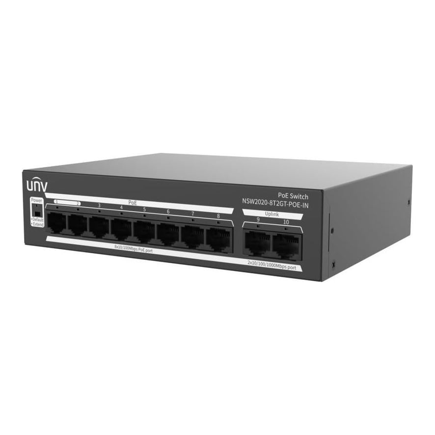 Switch Uniview NSW2020-8T2GT-POE-IN; Porturi:8×100Mbps network ports (RJ45)+2×1000Mbps ports, including 8 PoE ports; Maxim 30 W per port, Buget 120 W; Performanta: Switching capacity 5.6 Gbps, Forwarding 4.17Mpps; Functii: Up to 250m transmission distance on surveillance mode; Alimentare: AC 100 to