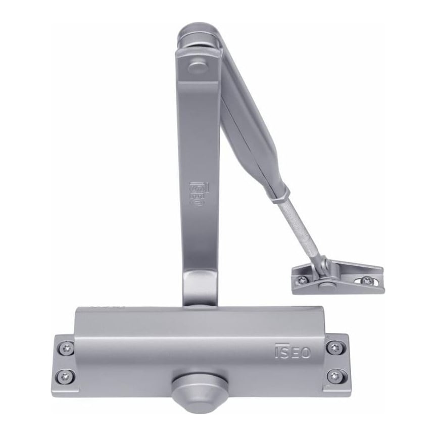 AMORTIZOR HIDRAULIC DE USA ISEO ARGINTIU 37L100003; Forță de inchidere: EN 2/3/4 selectabila pentru usi cu latimea de până la 1.100 mm (forta fixa EN 3 în configurație cu brațe paralele pentru uși cu lățimea de până la 950 mm); Dimensiune selectabila prin modificarea pozitiei corpului fata de