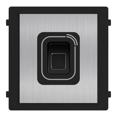 Modul cititor biometric si card Mifare pentru videointerfon modular Hikvision DS-KD-MFB/S; carcasa inox, deschidere usi cu card acces Mifare 13.56 MHz (cardurile nu sunt incluse) si cu amprenta; protectie IP 65; Dimensiuni: 100 mm × 100 mm × 35 mm; Temperatura de functionare: -30°C to +60°C;