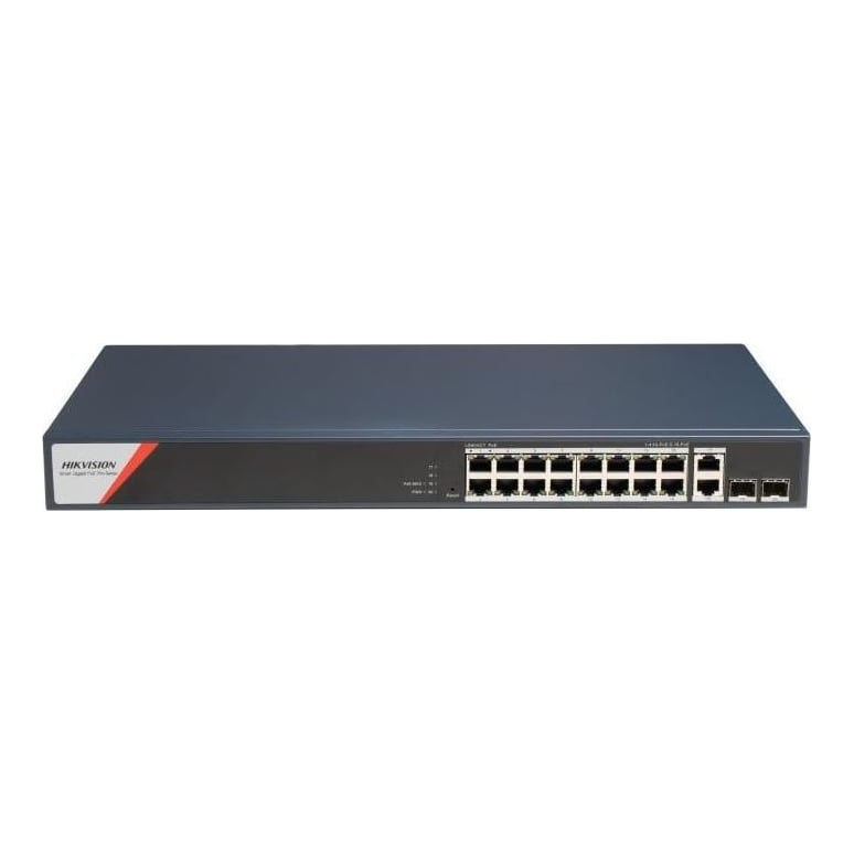 Switch PoE Hikvision DS-3E1520HP-SI-16P2T2F: 16 x 10/100/1000 PoE Ports, 2 × 10/100/1000 Mbps RJ45, 8 porturi PoE maxim 90W, buget PoE 230W, tensiune alimentare: 100-240V~ 50/60Hz 4 A, dimensiuni: 440 mm × 44 mm × 220.8 mm, greutate: 2.73kg, montare pe birou sau in rack.