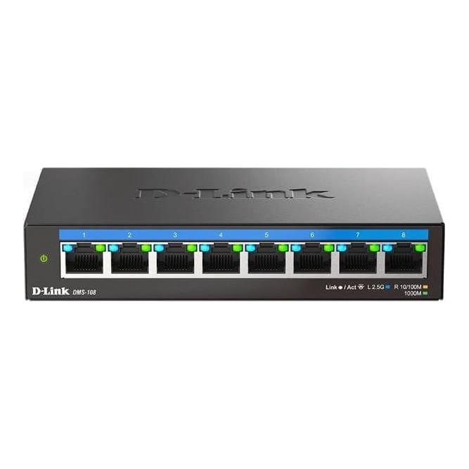 D-LINK DMS-108 UNMANAGED SWITCH 8 PORT, Interfata: 8 x 10/100Mbps/1G/2.5G, Auto MDI/MDIX, Capacitate Switch 40 Gbps, Packet Forwarding Rate: 29.76 Mpps, Dimensiuni: 145 x 82 x 28 mm, Greutate: 343g