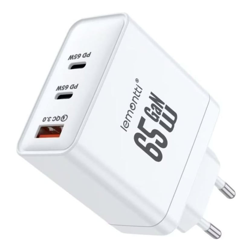 LEMONTTI Lemontti Încărcător Rețea GaN 65W 2x USB-C 1x USB-A Fast Charge Alb