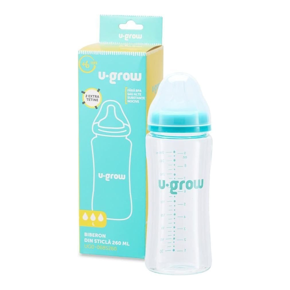 Biberon de sticla 260 ml+2 tetine,U-Grow