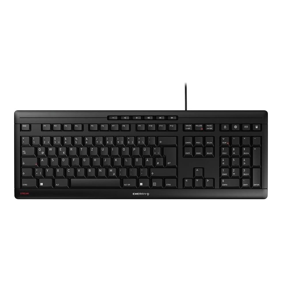 CHERRY STREAM, Full-size (100%), Wired, USB, Scissor key switch, QWERTY, Black, Grey