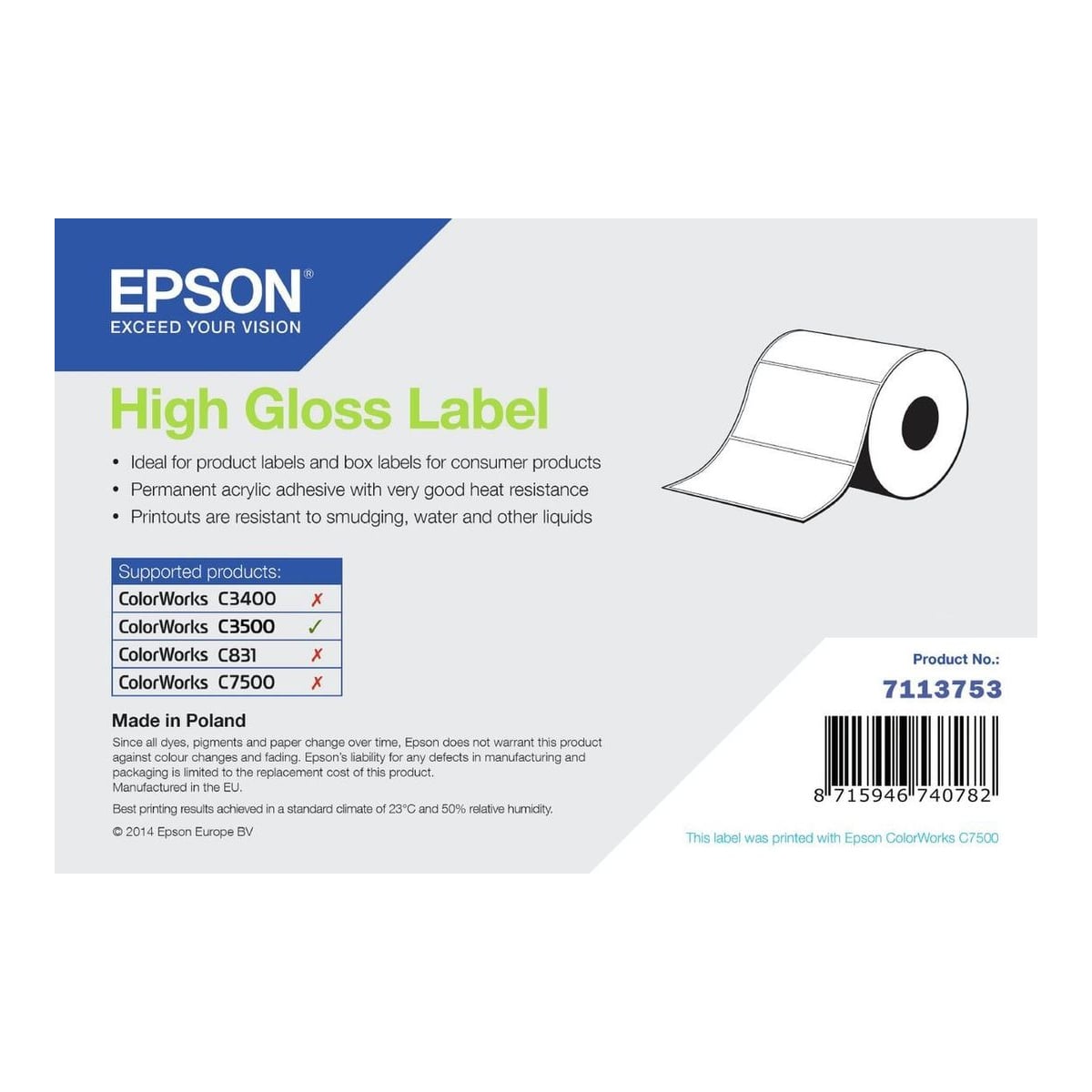 Epson High Gloss Label, Die-Cut Roll, 102mm x 51mm, 610 Labels, Self-adhesive printer label, Die-cut label, Roll, Inkjet, Acrylic, Permanent