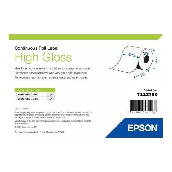Epson High Gloss Label, Continuous Roll, 102mm x 33m, Self-adhesive printer label, Die-cut label, Roll, Inkjet, Acrylic, Permanent