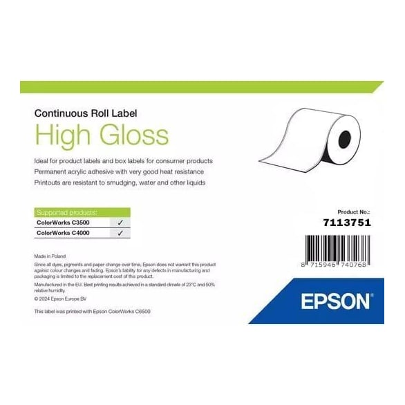 Epson High Gloss Label, Continuous Roll, 76mm x 33m, Self-adhesive printer label, Die-cut label, Roll, Inkjet, Acrylic, Permanent