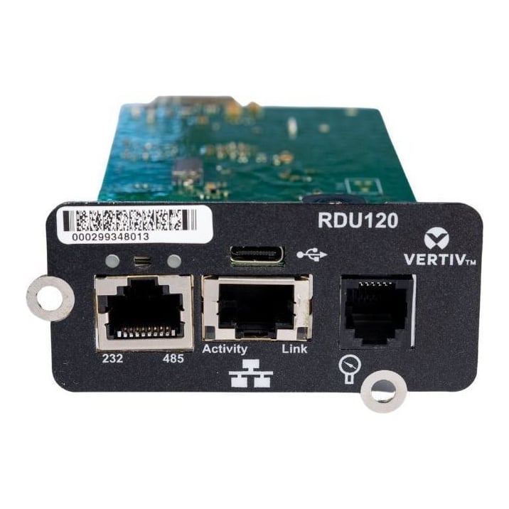 Vertiv Liebert IntelliSlot RDU120 - Network Card, Remote Monitoring Adapter, RS-485, USB Port, UL2900-1 cybersecurity certified, 1Gb Ethernet (RDU120), Internal, Wired, Ethernet, 1000 Mbit/s, Black, Green