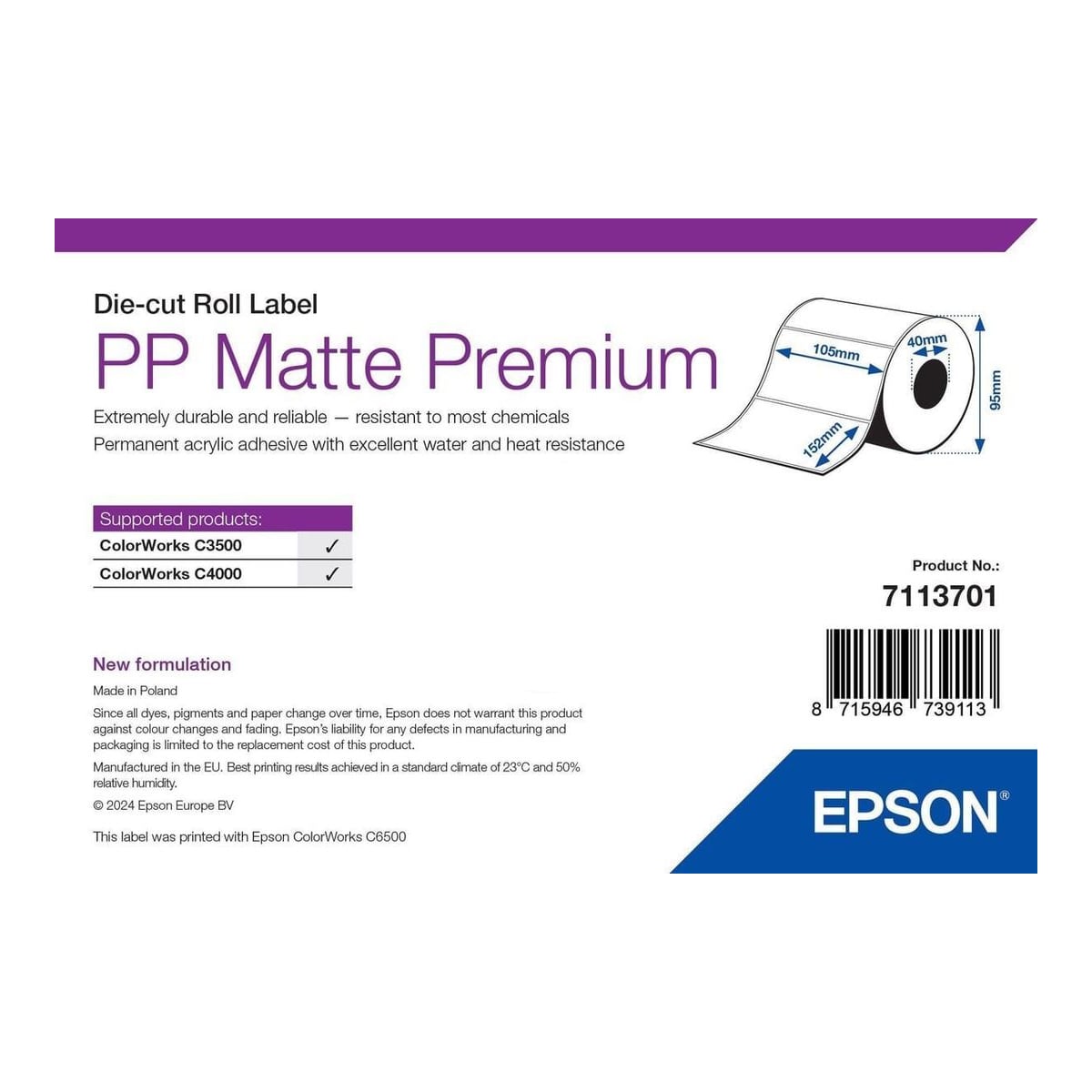 Epson PP Matte Label Premium, Die-cut Roll, 105mm x 152mm, 185 Labels, White, Self-adhesive printer label, Die-cut label, Roll, Inkjet, Acrylic