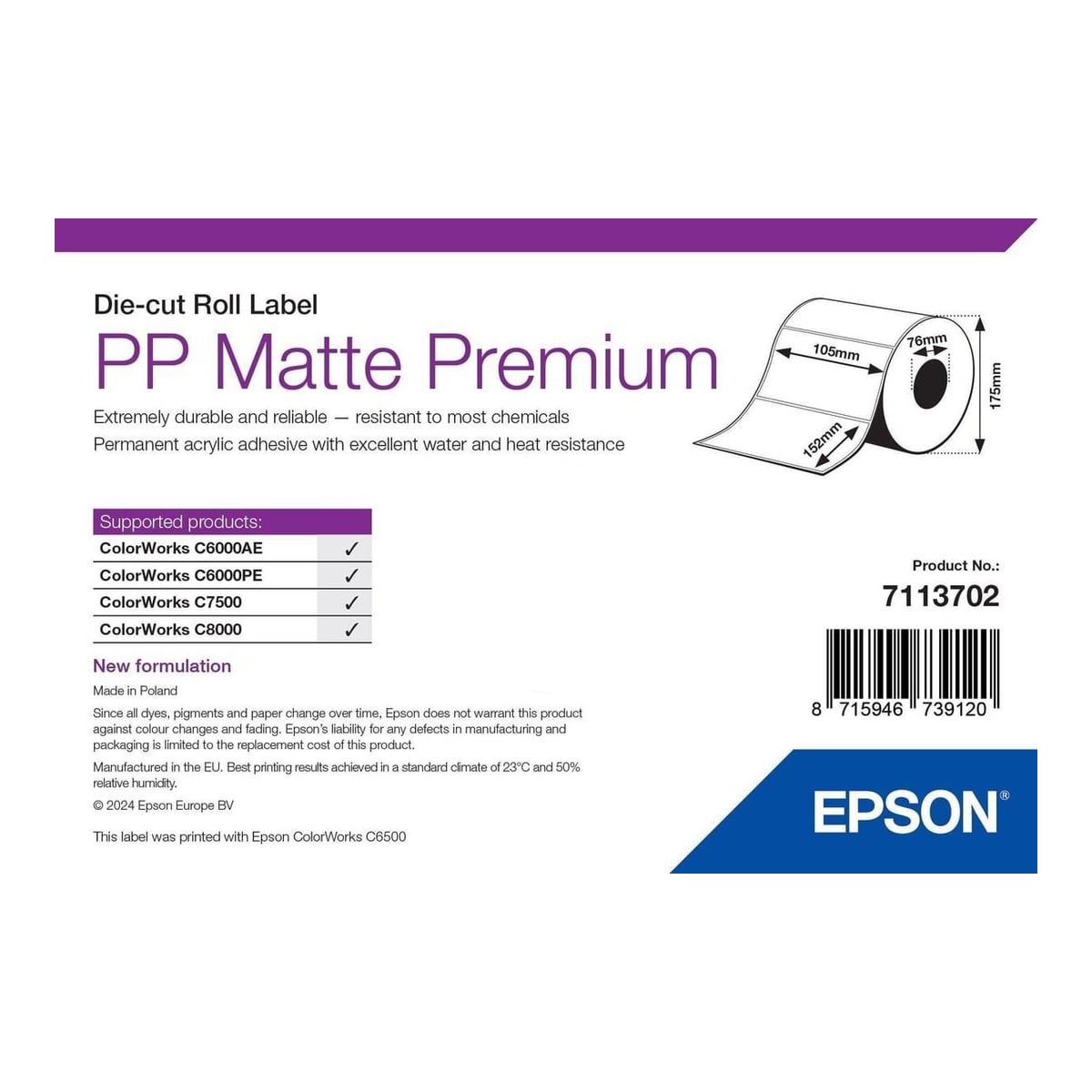 Epson 7113702, White, Self-adhesive printer label, Die-cut label, Roll, Inkjet, Acrylic