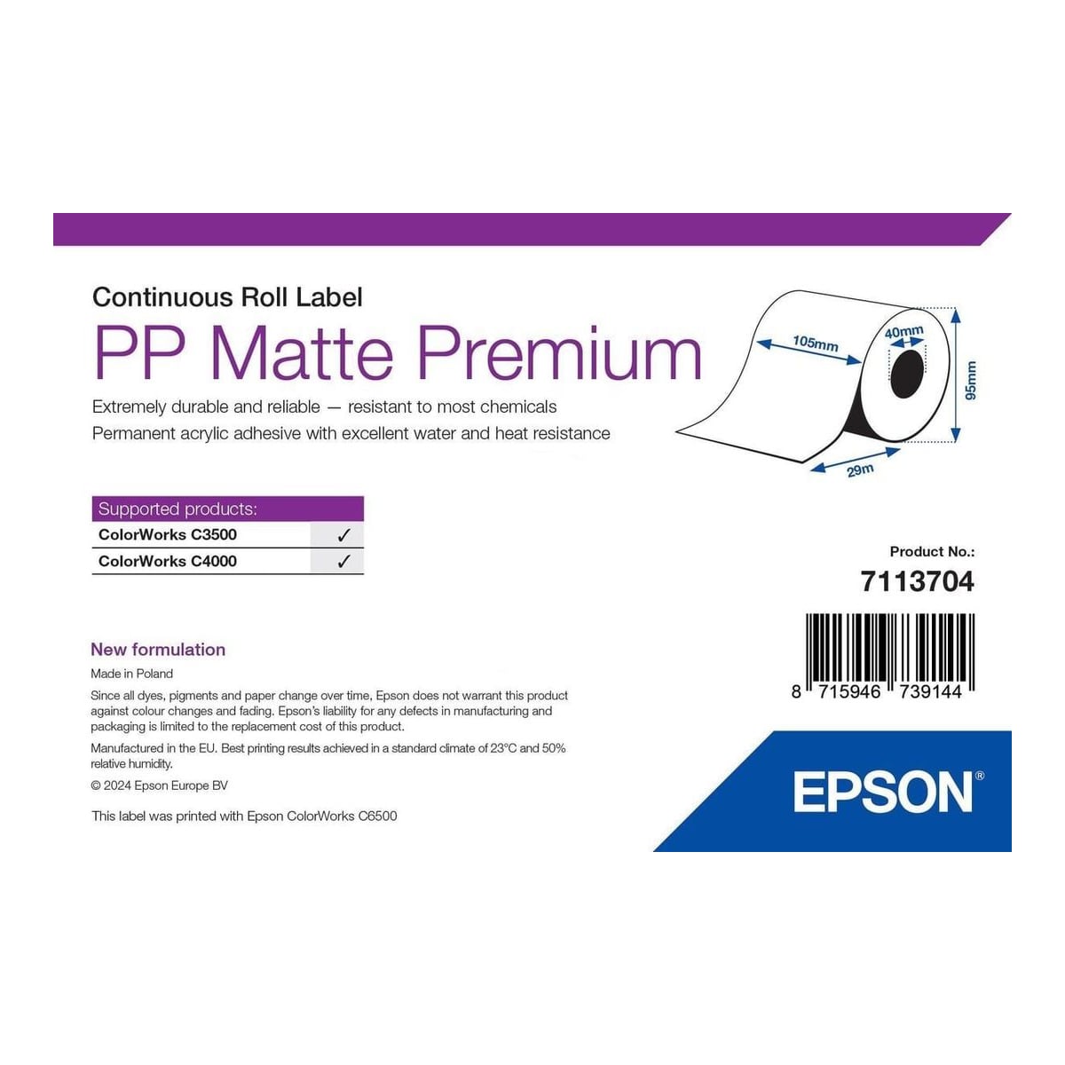 Epson 7113704, White, Self-adhesive printer label, Continuous label, Roll, Inkjet, Acrylic