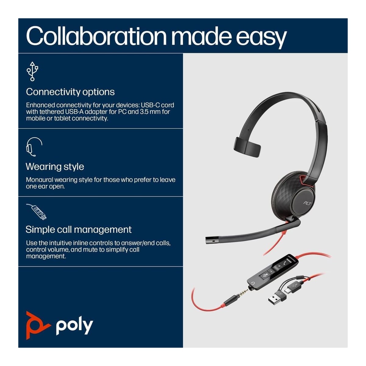 HP Inc. HP Poly Blackwire 5210 Monaural USB-C Headset +3.5mm Plug +USB-C/A Adapter (Bulk), Wired, Office/Call center, Headset, Black