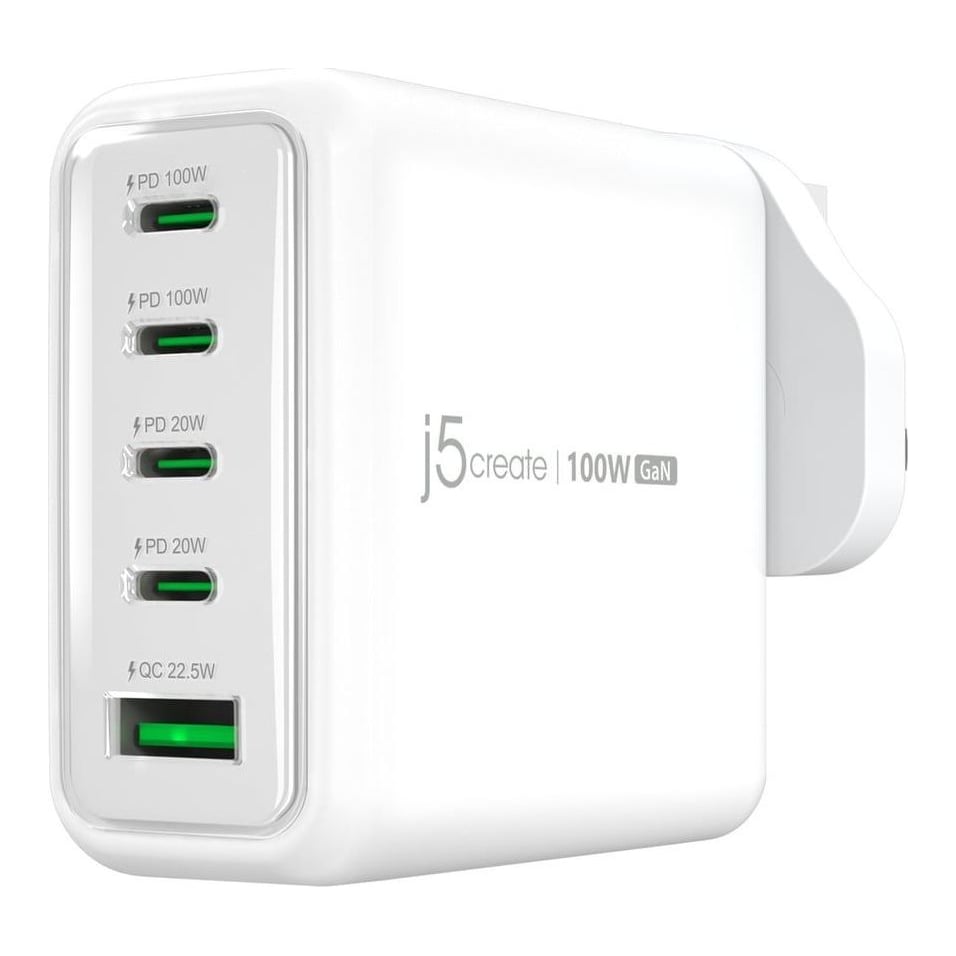 j5create JUP53100 100W GaN USB-C® 5-Port Charger, Indoor, AC, White