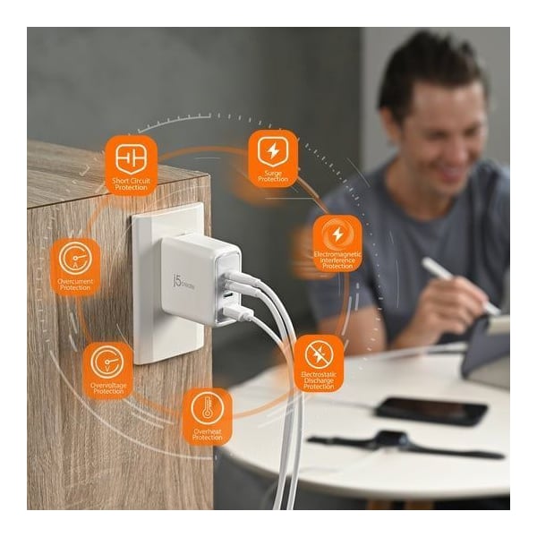 j5create JUP4370 70W GaN USB-C® 4-Port Charger, Indoor, AC, White