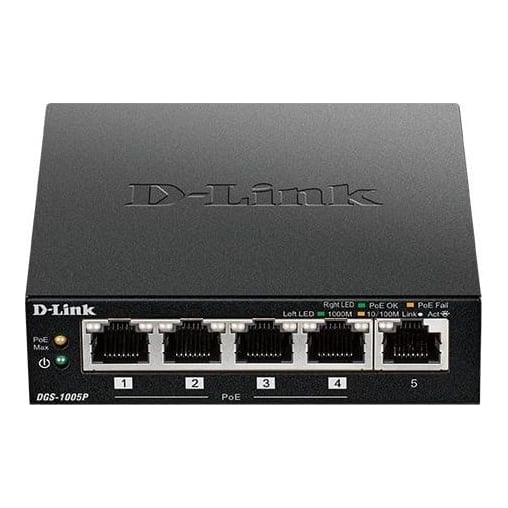 D-Link DGS-1005P/E, Unmanaged, Gigabit Ethernet (10/100/1000), Full duplex, Power over Ethernet (PoE), Wall mountable