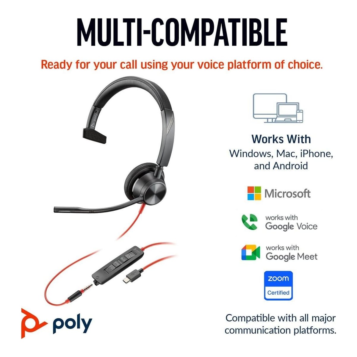 HP Inc. HP Poly Blackwire 3315 Monaural USB-C Headset +3.5mm Plug +USB-C/A Adapter, Wired, Office/Call center, 103 g, Headset, Black