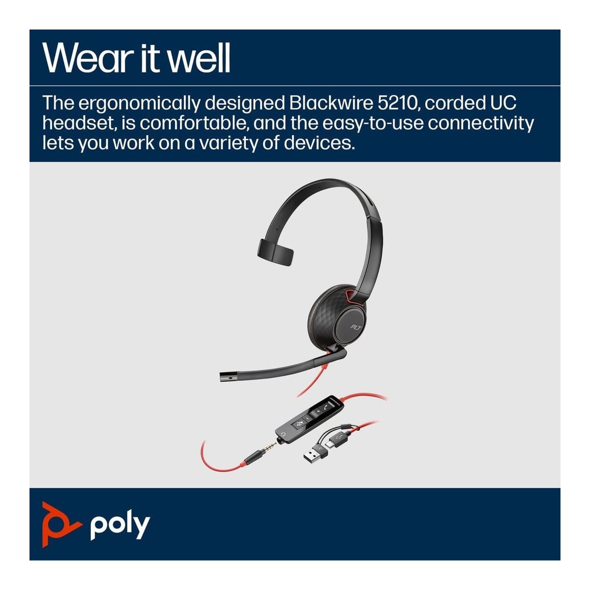 HP Inc. HP Poly Blackwire 5210 Monaural USB-C Headset +3.5mm Plug +USB-C/A Adapter, Wired, Office/Call center, 125.4 g, Headset, Black