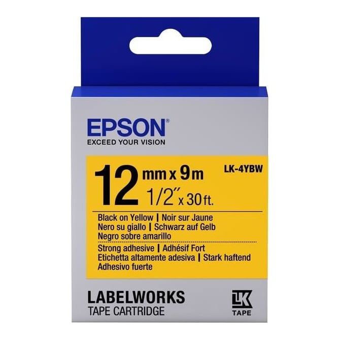 Epson Label Cartridge Strong Adhesive LK-4YBW Black/Yellow 12mm (9m), Black on yellow, Japan, LabelWorks LW-1000P LabelWorks LW-300 LabelWorks LW-400 LabelWorks LW-400VP LabelWorks LW-600P..., 1.2 cm, 9 m, 1 pc(s)