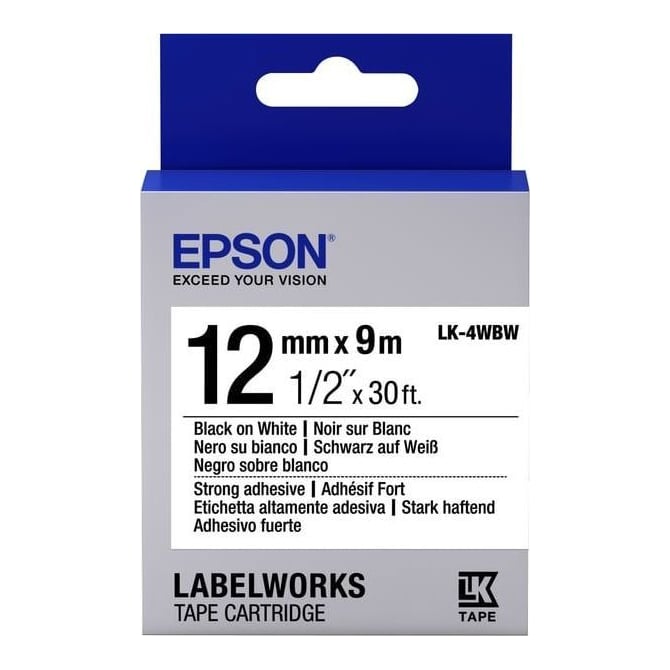 Epson Label Cartridge Strong Adhesive LK-4WBW Black/White 12mm (9m), Black on white, Japan, LabelWorks LW-1000P LabelWorks LW-300 LabelWorks LW-400 LabelWorks LW-400VP LabelWorks LW-600P..., 1.2 cm, 9 m, 1 pc(s)