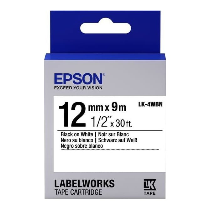 Epson Label Cartridge Standard LK-4WBN Black/White 12mm (9m), Black on white, Japan, LabelWorks LW-1000P LabelWorks LW-300 LabelWorks LW-400 LabelWorks LW-400VP LabelWorks LW-600P..., 1.2 cm, 9 m, 1 pc(s)