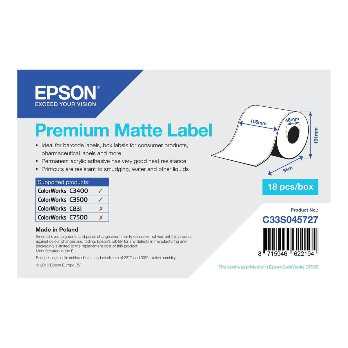 Epson Premium Matte Label - Continuous Roll: 105mm x 35m, White, Self-adhesive printer label, Continuous label, Acrylic, Permanent, Matte