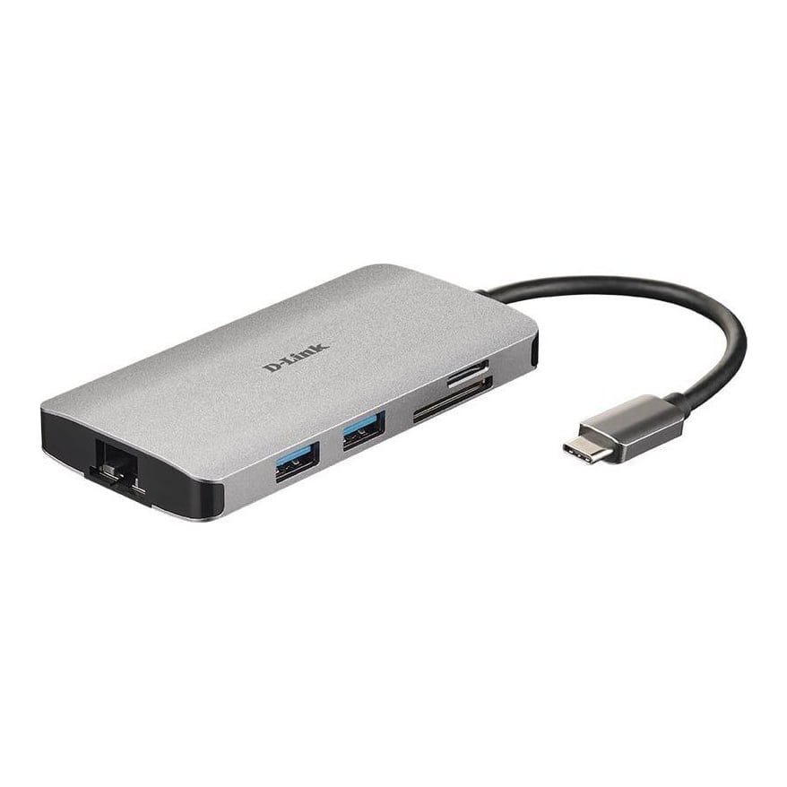 D-Link 8-in-1 USB-C Hub with HDMI/Ethernet/Card Reader/Power Delivery, Wired, USB 3.2 Gen 1 (3.1 Gen 1) Type-C, 100 W, IEEE 802.3, IEEE 802.3ab, IEEE 802.3u, IEEE 802.3x, Aluminium, MicroSD (TransFlash), SD, SDHC, SDXC