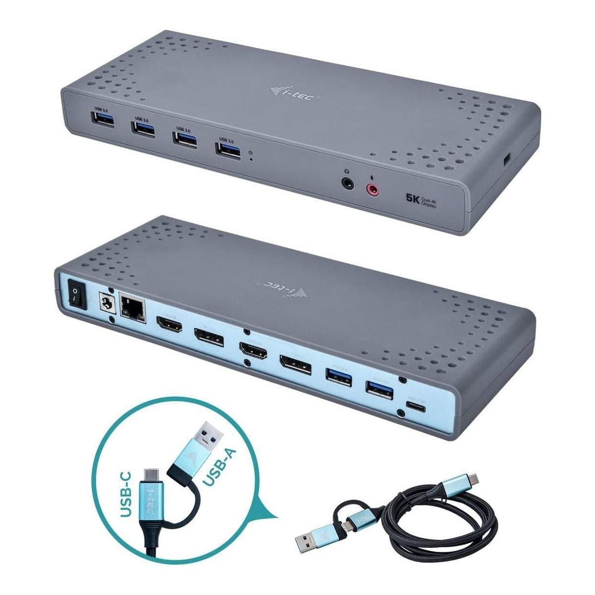 i-tec USB 3.0 / USB-C / Thunderbolt 3 Dual Display Docking Station, Wired, USB 3.2 Gen 1 (3.1 Gen 1) Type-C, 3.5 mm, USB Type-A, USB Type-C, 10,100,1000 Mbit/s, Black, Turquoise