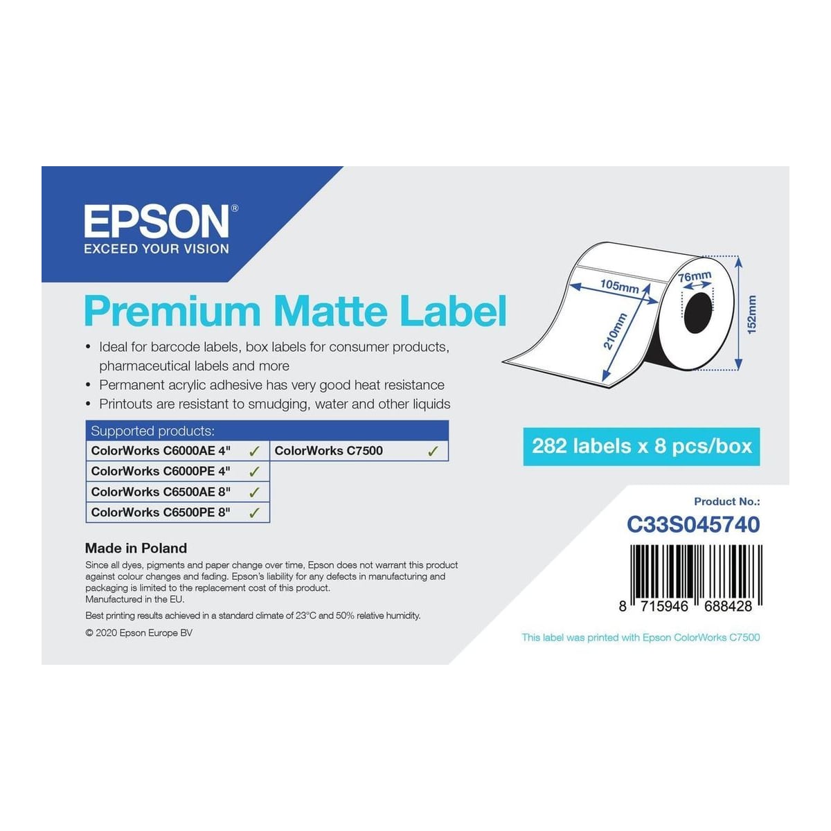 Epson C33S045740, Self-adhesive printer label, Die-cut label, Inkjet, Acrylic, Permanent, Matte