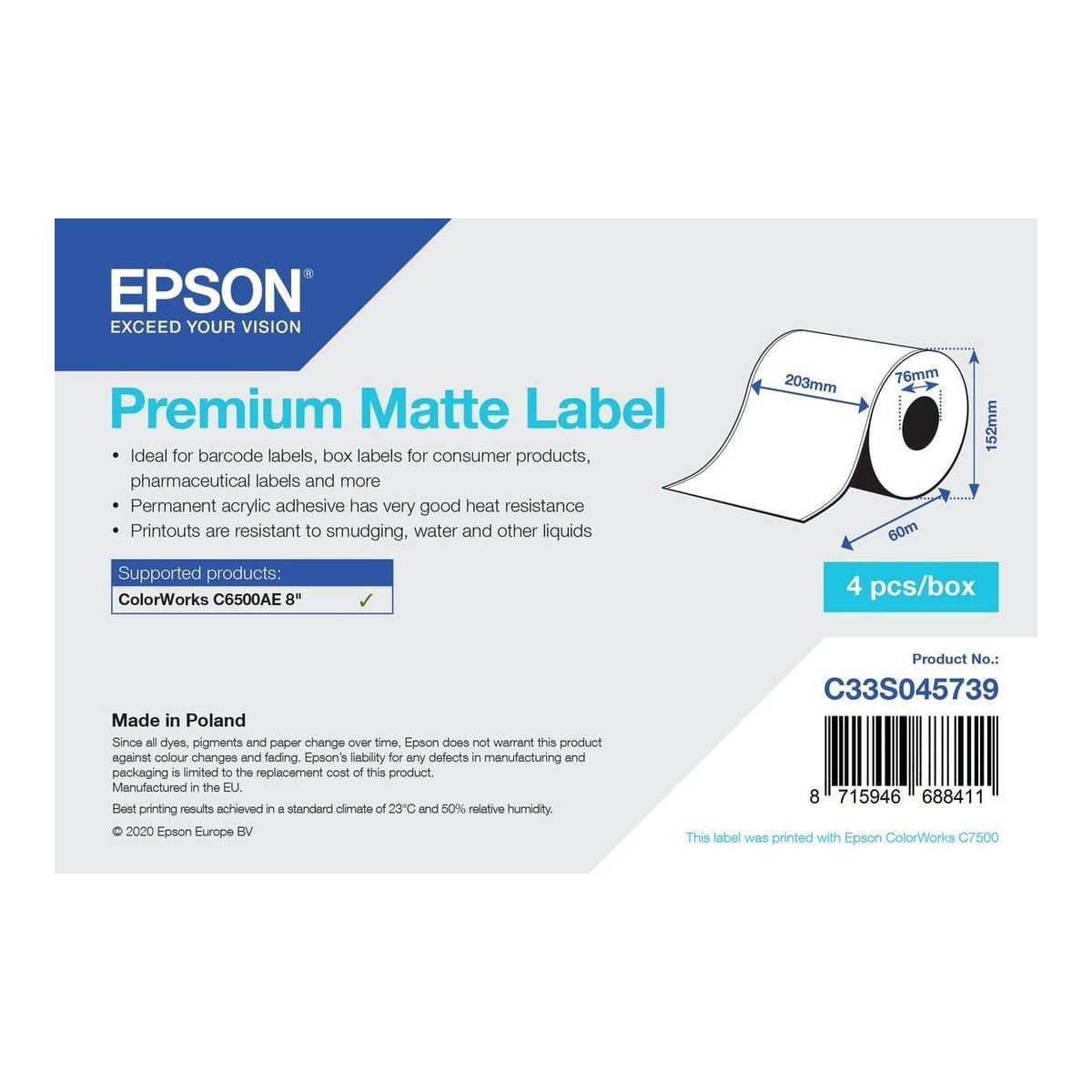 Epson C33S045739, White, Continuous label, Inkjet, Acrylic, Permanent, Matte