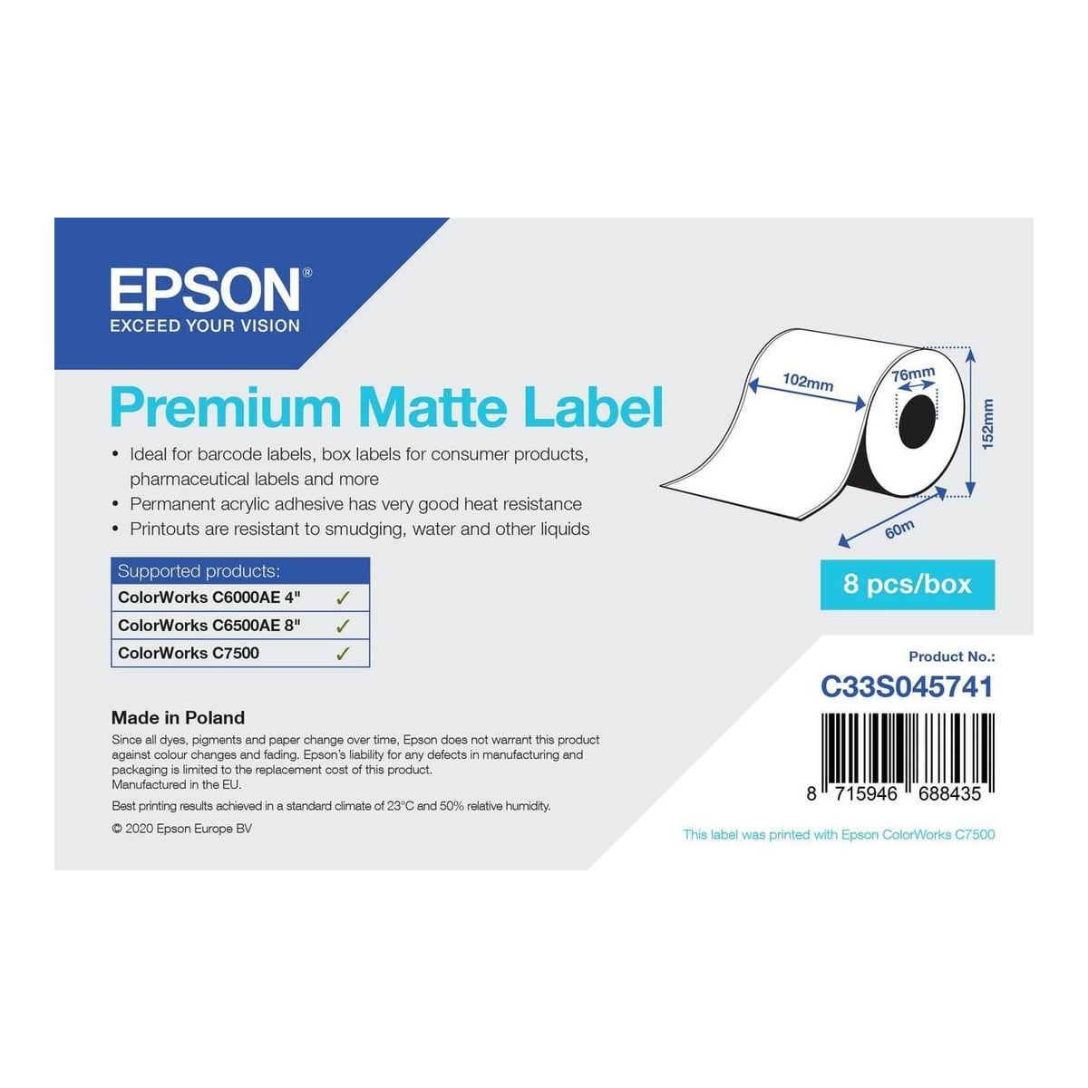 Epson C33S045741, Self-adhesive printer label, Continuous label, Inkjet, Acrylic, Permanent, Matte