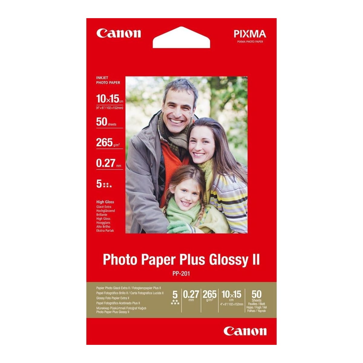 Canon PP-201 Glossy II Photo Paper Plus 4x6" - 50 Sheets, High-gloss, 260 g/m², Red, 50 sheets, 270 µm, Canon Lucia, ChromaLife100+