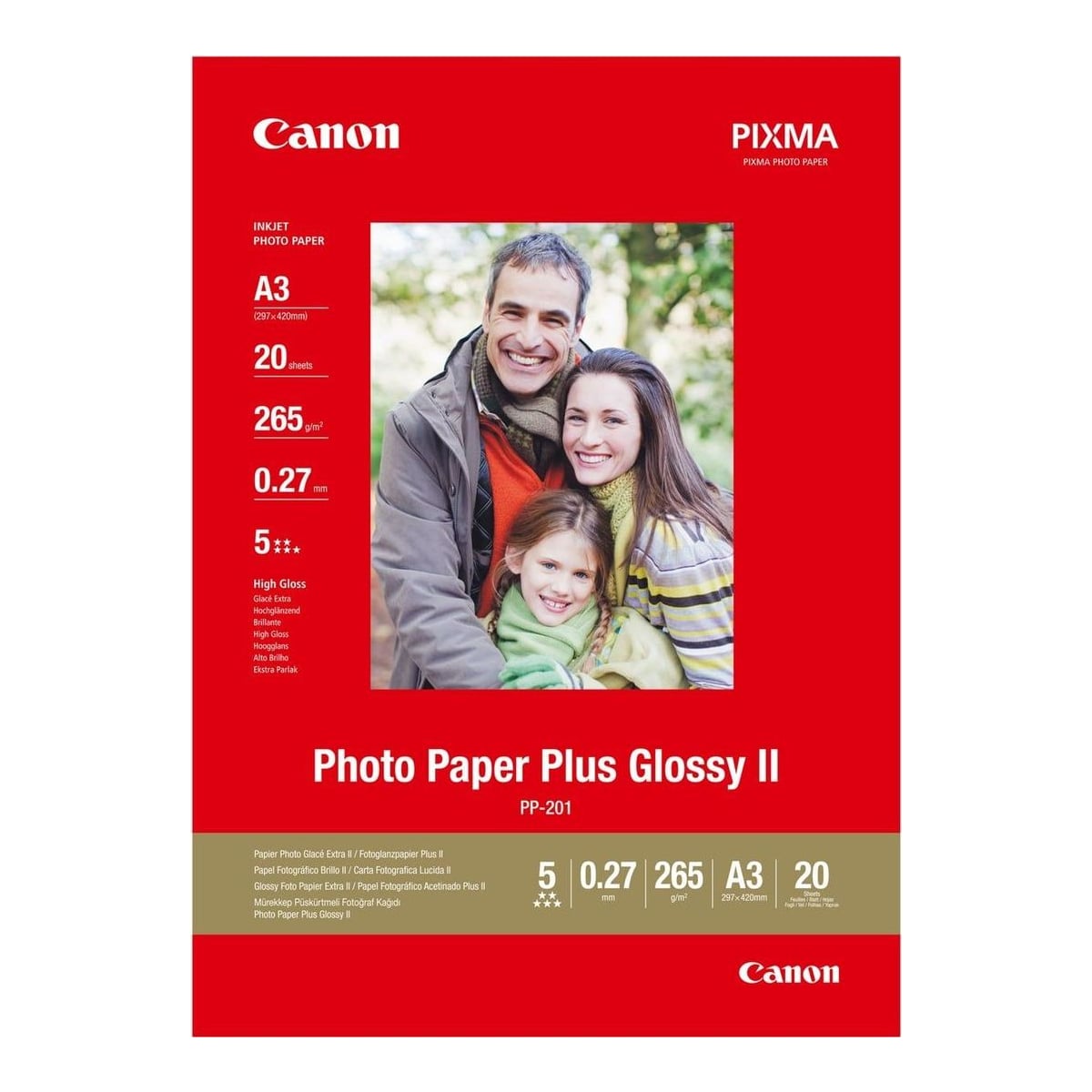 Canon PP-201 Glossy II Photo Paper Plus A3 - 20 Sheets, High-gloss, 260 g/m², A3, 20 sheets, 270 µm, Canon Lucia, ChromaLife100+
