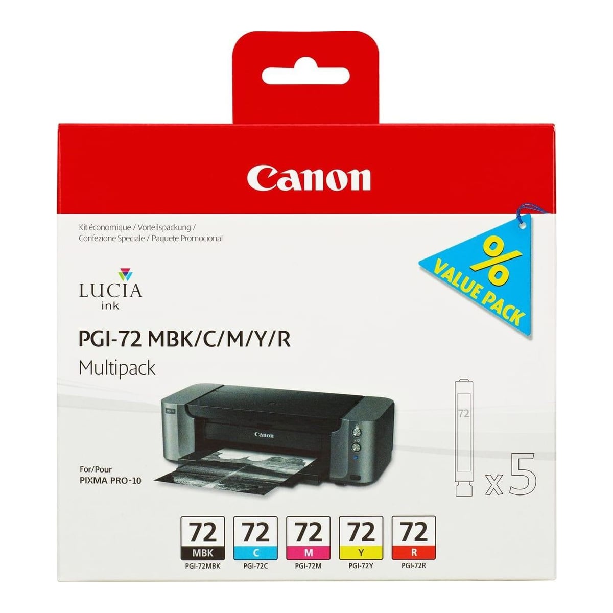 Canon PGI-72 MBK/C/M/Y/R 5 Ink Cartridge Multipack, Standard Yield, Cyan, Magenta, Matte black, Red, Yellow, 5 pc(s), 1640 pages, 710 pages, Multi pack