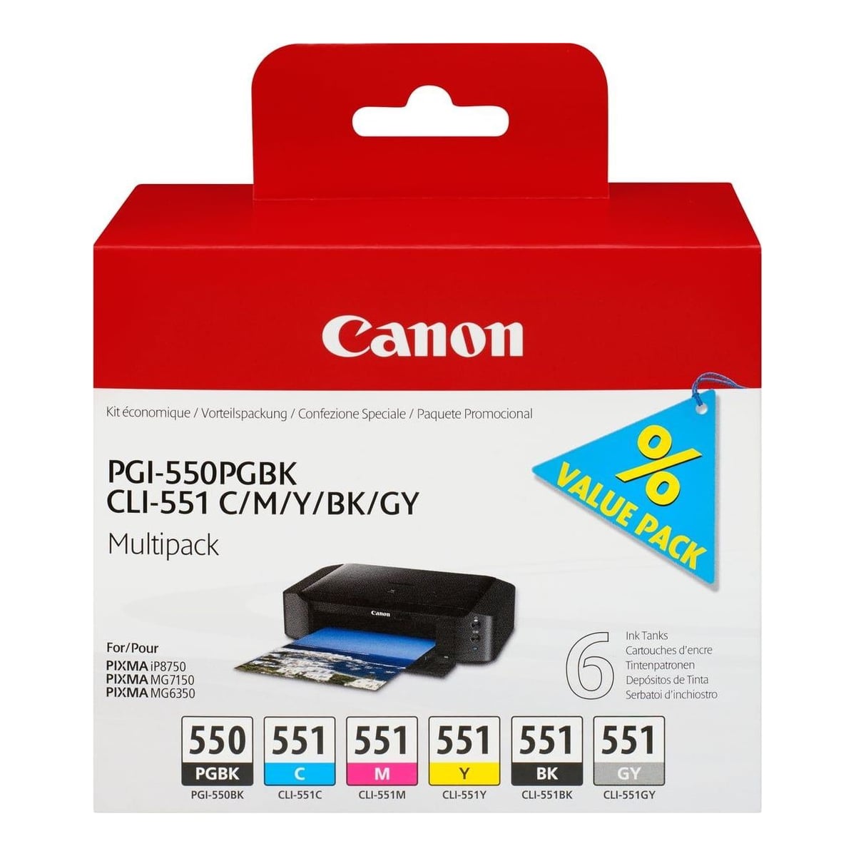 Canon PGI-550/CLI-551 PGBK/C/M/Y/BK/GY 6 Ink Cartridge Multipack, Photo black, Photo cyan, Photo grey, Photo magenta, Black, Photo yellow, Pigment-based ink, Dye-based ink, 6 pc(s), Multi pack